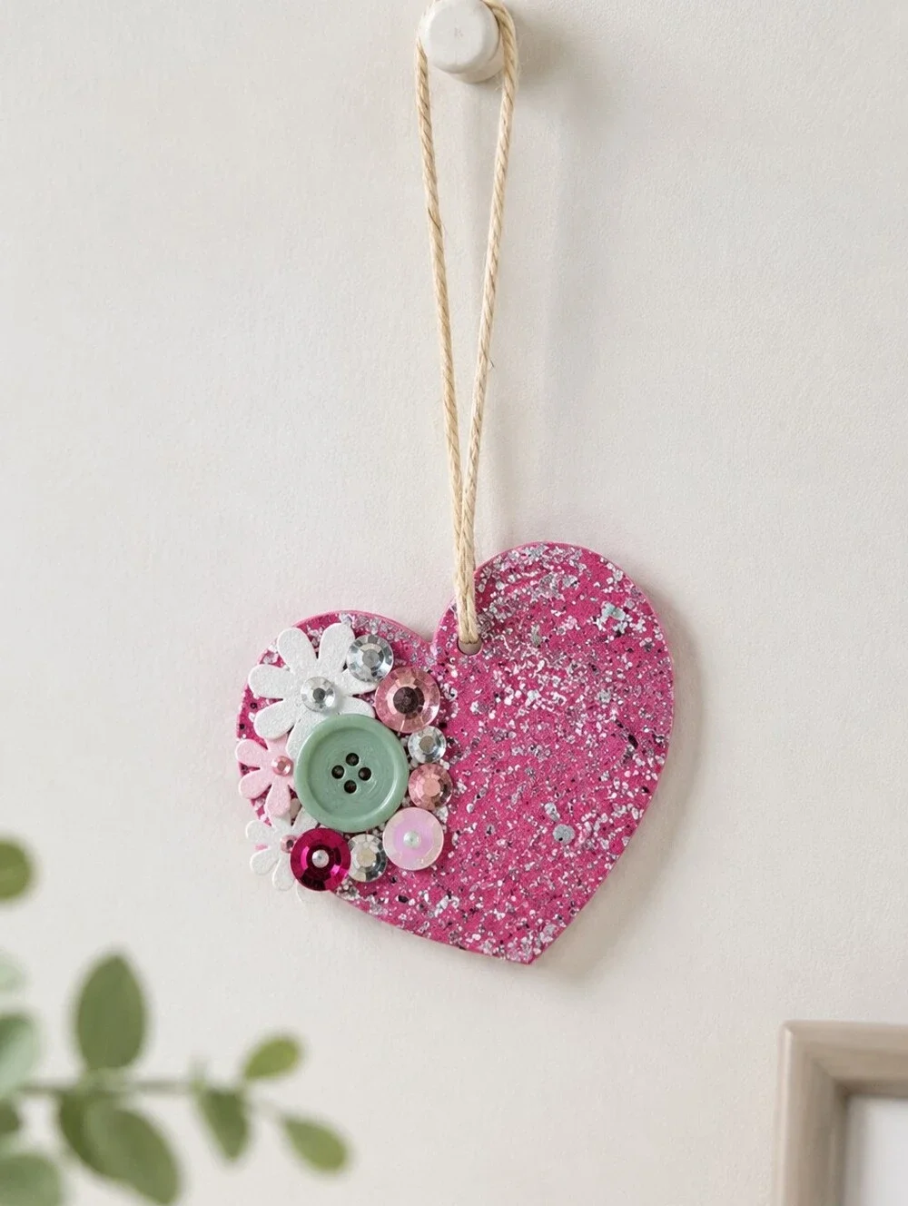 Handmade Pink Glitter Heart Ornament Decor Fuchsia Hanging Gift for Girls